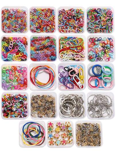 beadia 一盒DIY钥匙扣配件，圆形盒子装，包含羊眼钉、开口圈、开口环、四节链、尾链、龙虾扣、八字扣、钥匙扣、门扣、包扣、铃铛 - 多种颜色可选 - DIY饰品配件 - 手工材料