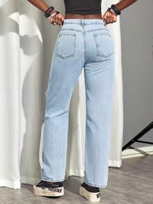Women's Casual Pockets Double Layer Distressed Straight Leg Jeans - Light Wash - View 2