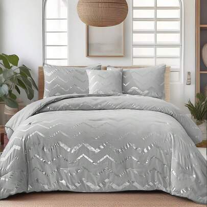 3 Pieces Grey Metallic Silver Double King Size Duvet Cover Set With 2 Pillowcases Soft Microfiber Geometric Striped Bedding Set,