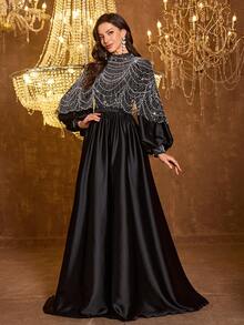 UNITHORSE Women's Mandarin Collar Lantern Sleeve Fitted Shiny Sequin Satin Evening Dress - Black - View 3