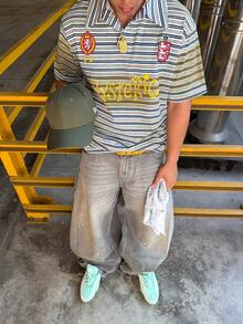 男士字母及复古徽章条纹Polo衫，宽松版型，简洁学院风街头风短袖 - 彩色 - 查看 3