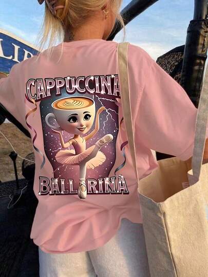 Camiseta holgada con gráfico lindo para adolescentes - Estampado de bailarina de capuchino, taza de café, niña de ballet, top casual para uso diario y clase de ballet