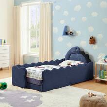YOGLAD Twin Size Dinosaur Shaped Upholstered Bed Frame, 3D Dinosaur Headboard Platform Bed With Padded Guardrails, Bouclé Fabric Floor Bed, Solid Wood Slats And Reinforced Metal Frame, Space Saving Bed For Small Bedroom, Apartment, Modern Home Decor - 藏蓝色 - 查看 6