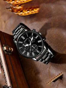 1pc Men's Business Quartz Watch, Digital Round Dial, Suitable For Daily Wear, Birthday Gift, Party, Festival, Self-Use Or Gift - Black - View 6