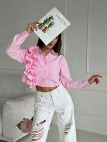 Solstice Apparel 女士优雅休闲日常荷叶边领条纹粉色衬衫，适合办公室、情人节、所有季节穿着 - 粉色 - 查看 7