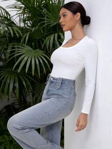 Luueen Women's Long Sleeve Fitted Casual Tops Tee Slim Basic Shirts With Scoop Neck - 白色 - 查看 4
