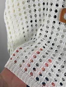 Spring/Summer New Layered Set For Women, Ivory Oversized Mesh Knit Cover Up + Spaghetti Strap Tank Top 2pcs Set White - White - View 10