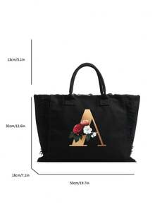 黑色帆布流苏单肩包，大容量手提包，学生笔记本电脑包 - 長方形 - 查看 6