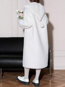 女士极简主义仿毛皮连帽长款派克大衣，冬季 - 米色 - 查看 2