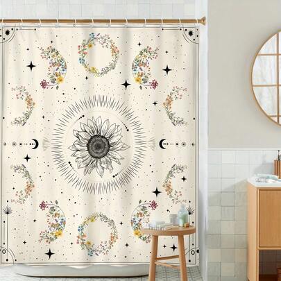 1/4 Piece Bohemian Moon Phase Shower Curtain - Celestial Wild Flower Plant Floral Herbal Bohemian Waterproof Shower Curtain, 60W*72H Inches, With 12 Plastic Hooks, Bathroom Rug, Bathroom Accessories, Home Decor
