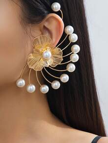 1pc Fashionable Faux Pearl Decorated Iron Wire Earrings, Suitable For Women's Party, Gathering, Banquet Attendance, Gift - Red - View 8