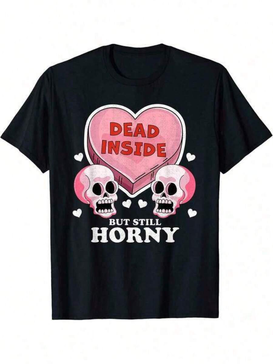 Men's T Shirts Women Top Men'S Casual Crew Neck T-Shirt, 100% Cotton Short Sleeve Tee, Four Seasons Knit Fabric, Regular Fit, Solid Color Skull Heart Design, Ideal Gift For Men, Dads, Husbands, Grandpas - Black, Plus Size T-Shirts Suitable For All Seasons Men's Casual Print Round Neck Short Sleeve T-Shirt Standard Fit T-Shirt For Men - Black - View 1