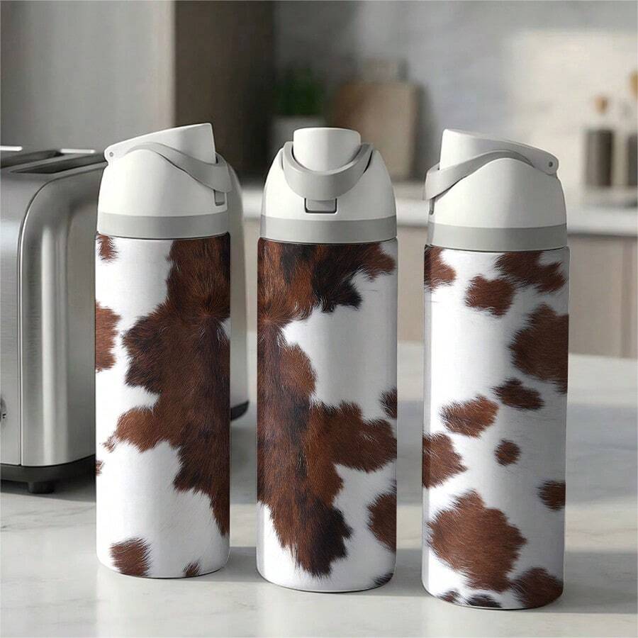 [Local Warehouse] 1 Pc 24oz Insulated Stainless Steel Water Bottle, Realistic Brown And White Cowhide Print, Western Rustic Style Animal Skin Pattern For Ranchers And Farmers, Aesthetic Cowboy Gear For Valentines Day Gifts. - 1PC - View 1