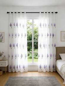 Cortina bordada em estilo campestre (1 peça), cortina transparente floral em tons de roxo e lavanda, ideal para sala de estar, quarto, escritório e decoração de casa. - Roxa - Ver 3