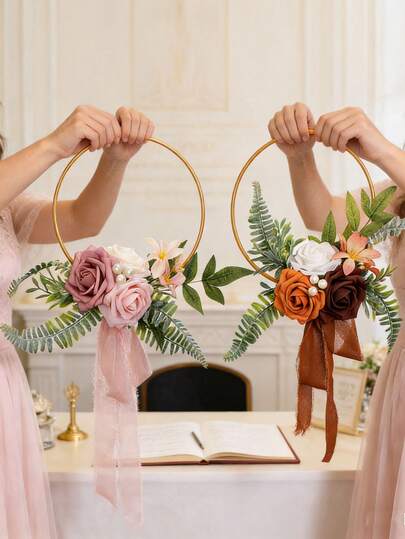 1pc Round Woven Flower Wreath, Metal Flower Wreath, Artificial Flower Bridesmaid Bouquet, Bridal Holding Artificial Rose Bouquet, Western Outdoor Wedding Bridesmaid Artificial Flower Wreath, Lace Tassel Home Decor Hanging Wreath, Suitable For Wedding Season, Outdoor Wedding Decor, Photography Props, Bridal Accessories, Bridal Party Gifts, Holiday Gifts