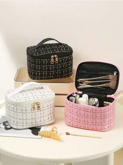 1 pieza Bolsa de cosméticos de gran capacidad para viaje, bolsa de maquillaje portátil para vacaciones, bolsa de almacenamiento con cremallera metálica multifuncional, bolsa impermeable para baño y tocador, adecuada para lápiz labial, lápiz de cejas, brochas de maquillaje, artículos esenciales para viajes, accesorios de viaje, artículos esenciales para vacaciones, regalo del Día de San Valentín, regalo de cumpleaños, regalo para damas de honor, regalo para mujeres, nueva llegada de invierno