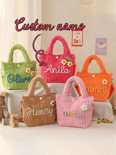 Customized Name Solid Color Crossbody Bag, Soft Corduroy Toddler Wallet, Small Corduroy Wallet With Shoulder Strap, Customized Name Tote Bag, Easter Gift, Birthday Gift.