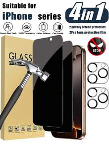 Juego de 4 en 1 - 2 piezas de protector de pantalla de privacidad para iPhone 16 Pro Max de 6.9 pulgadas + 2 piezas de protector de lente de cámara, compatible con 17 Pro Max, 17 Pro, 17 Air, 16 Pro, 16 Plus, 15 Pro Max, 15 Pro, 15 Plus, 14 Pro Max, 14 Pro, 14 Plus, 13 Pro Max, 13 Pro, 12 Pro, 11 Pro Max. Protección de pantalla esencial con protector de pantalla de vidrio templado con privacidad. - Negro - Ver 14