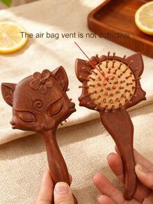1pc Sandalwood Carved Massage Comb, Delicate Engraved Unique Fox & Cat Pattern, Soft Air Cushion Design, Hair Scalp Massage, Suitable For Home Use And Gift Giving - Rust Brown - View 2