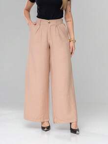 Women's Tailored Wide-Leg Trousers With Side Pockets, Buttons, And Zipper - Elegant, Formal, And Office Wear - 米色 - 查看 3