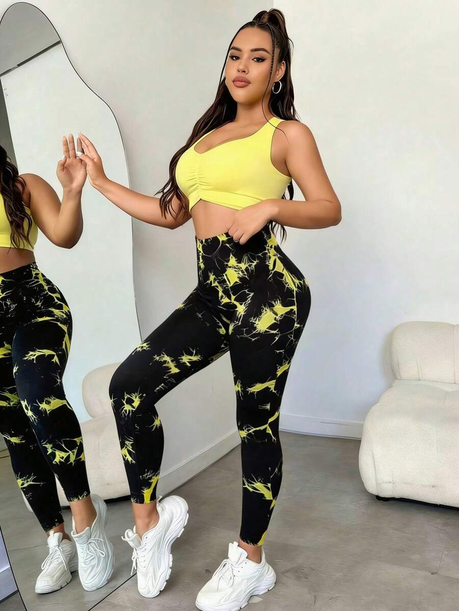 Leggings de compresión sin costuras de talle alto con diseño de líneas, diseñados para controlar la apariencia abdominal, ajuste ceñido y adelgazante para deportes - Amarillo - Ver 1