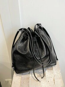 Bolso de cubo con cordón plisado, elegante y único para mujeres; una mochila de estilo moderno con tela plisada exquisita, un bolso cruzado de estilo sencillo y versátil de color negro puro con correas ajustables - Negro - Ver 6