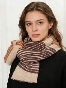 1件装女士秋冬仿羊绒条纹围巾，加厚保暖流苏刺绣波西米亚风旅行披肩斗篷 - 彩色 - 查看 9