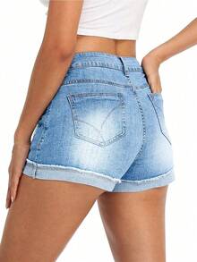 女士时尚休闲水洗牛仔短裤 - 淺藍 - 查看 4
