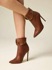 Brown Pointed Toe Slim High Heel Zipper Closure Ankle Boots, Sexy & Fashionable For Party Outfit - Brown - View 1