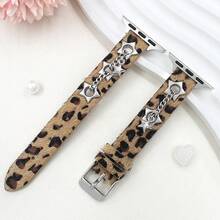 1条时尚豹纹星形爱心皮革3D星形爱心链 - 可调节、可折叠扣，兼容38毫米至49毫米表带，时尚设计，配饰 | 复古风格设计 | 耐用表带 - 咖色 - 查看 2
