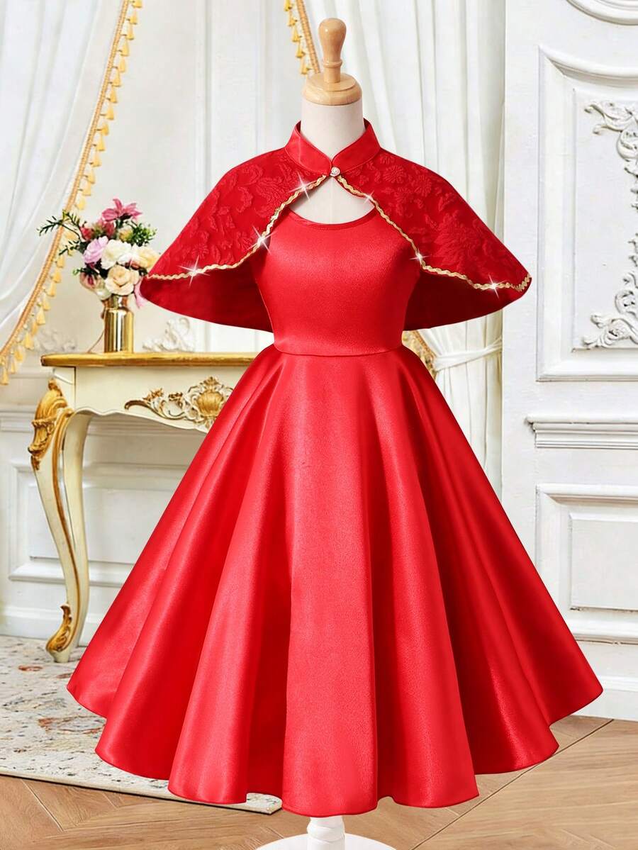 Summer Girls' Elegant Gold Ribbon Trim Round Neck Shawl Collar & Mid-Length Sleeveless Dress, Suitable For Daily Gatherings - Red - View 1
