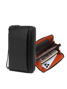 HOVI'S Men's Black Leather Texture Clutch Bag - Detachable Wrist/Handle Strap, Large Capacity For Phone & Cards, Anti-Drop Pull-Out Card Slot, New Year/Valentine's Day Gift - Black - View 1