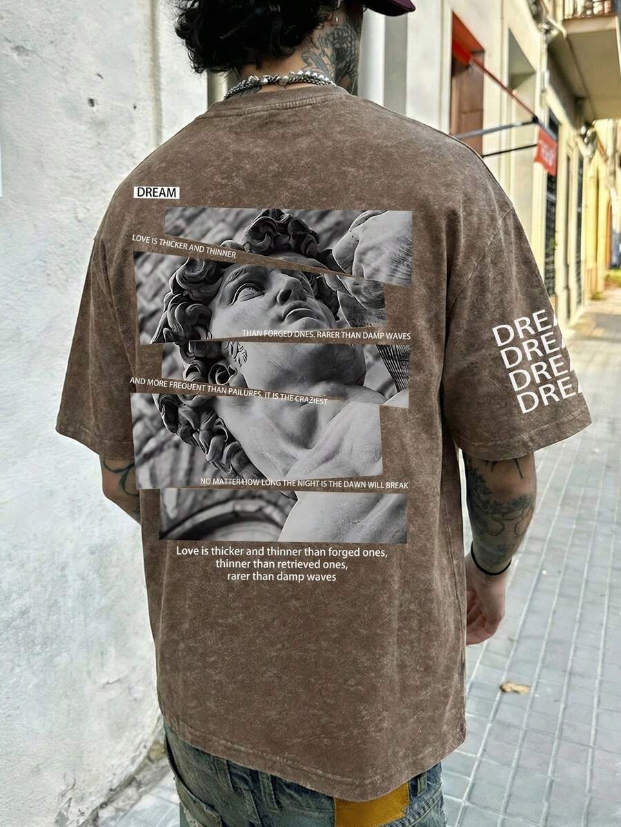 Fractyr Fractyr 男士夏季时尚简约街头雕塑及英文标语印花圆领复古水洗短袖T恤 | 百搭街头休闲T恤，男友礼物 - 棕色 - 查看 1