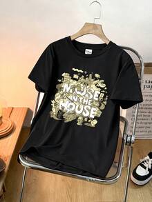 Disney MOUSE IN THE HOUSE Graffiti T-Shirt For Men, City Street Scene Print Short-Sleeve, American Retro Top, Vacation Theme Design, Suitable For Everyday Wear, Beach Holidays, Men's Fashion Outfits, Carnival Events. - Black - View 3