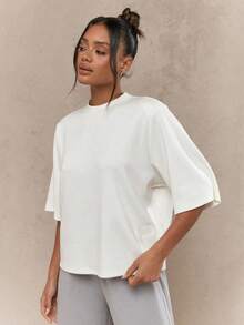 Valentine Outfits For WomenMISSGUIDED Oversized T Shirt Mock Neck Wide Half Sleeve Boxy Fit Casual Office Weekend Fall Winter Fashion Minimalist Versatile Essential ClassicLoose And Comfortableshirt Summer - 白色 - 查看 4
