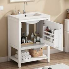 Single Sink Bathroom Vanity Unit, 60 Cm Washbasin Unit With Ceramic Basin And Shelf, White - White - View 2