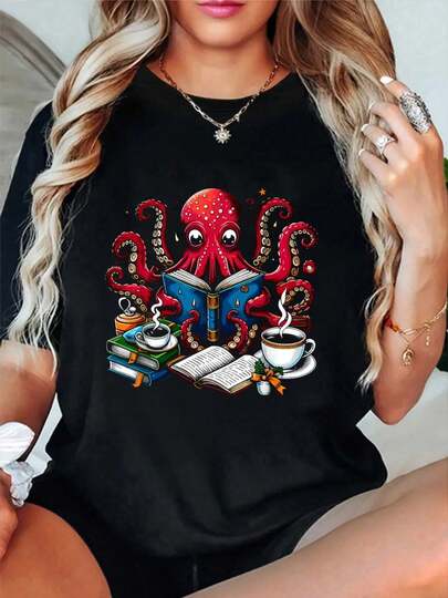 100% Cotton Octopus Reading Book Coffee Lover Bookaholic Bookworm Reader T-Shirt Women's Vintage Relaxed Fit Tee Premium Soft Tops Printing Round Neck Fashion Shirts