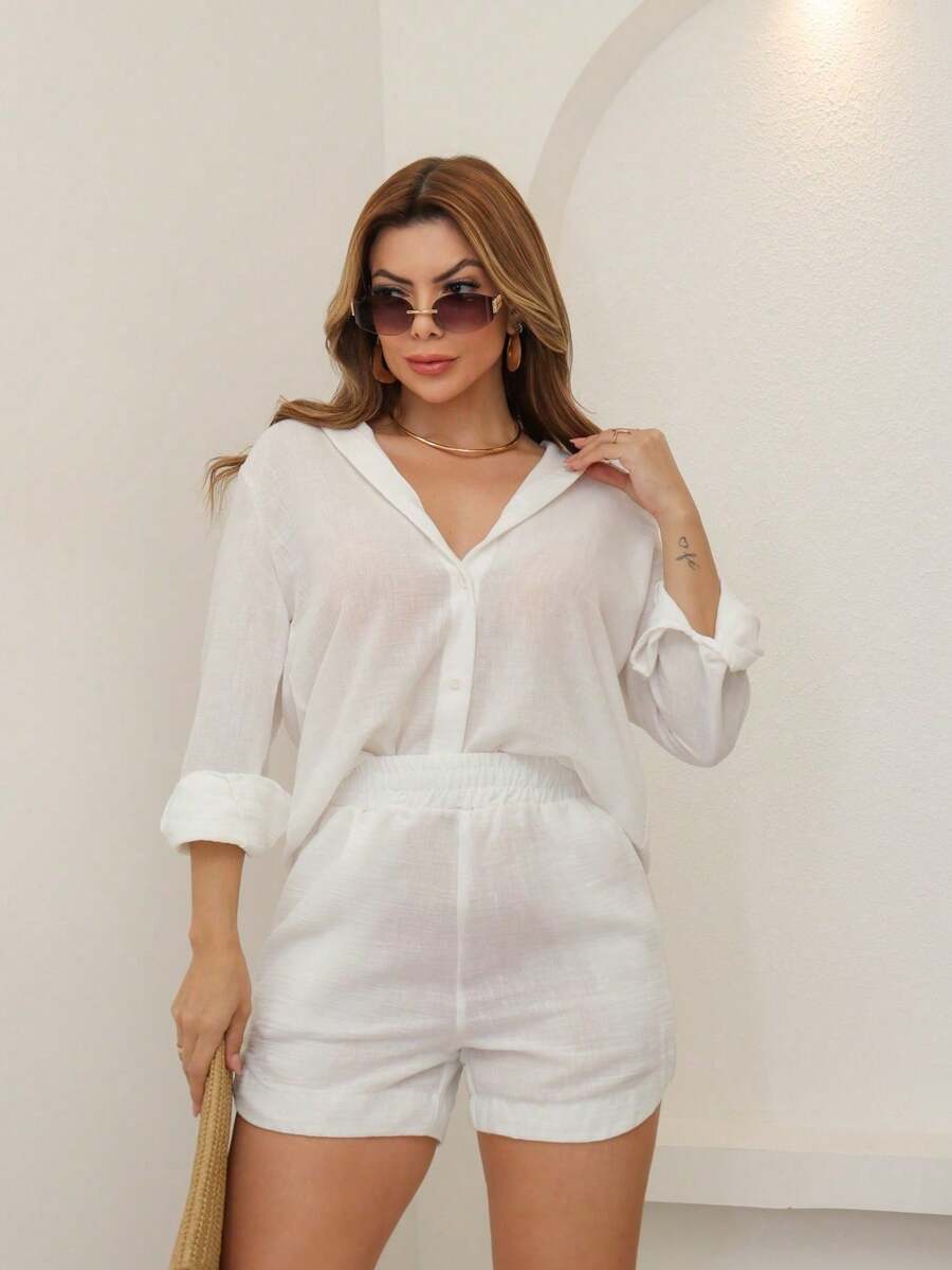 Women's Linen Suit, Top + Shorts, With Pockets And Elastic Waistband, Suitable For Casual Wear, Work/Vacation/DD109 - 白色 - 查看 1