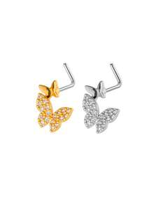 Toppiercing 1pc Minimalist Versatile Micro-Inlaid Zirconia Butterfly L-Shaped Nose Stud, Fashionable Nose Piercing Jewelry - Multicolor - View 1