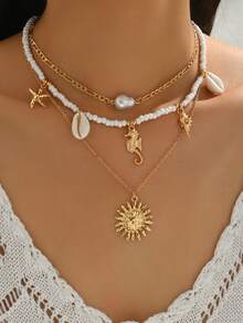 3pcs/Set Handmade Beaded Necklace Set, Bohemian Ocean Style Necklace With Bead, Faux Pearl, Ocean Animal & Sun Pendant, Suitable For Beach Vacation, Daily Wear, Party, Dinner - Multicolor - View 1