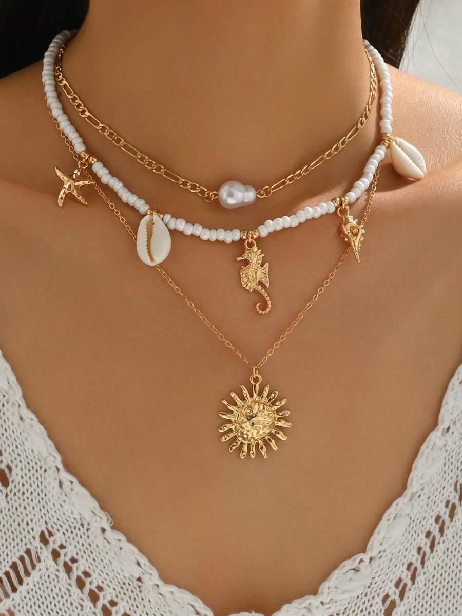 3pcs/Set Handmade Beaded Necklace Set, Bohemian Ocean Style Necklace With Bead, Faux Pearl, Ocean Animal & Sun Pendant, Suitable For Beach Vacation, Daily Wear, Party, Dinner - Multicolor - View 1