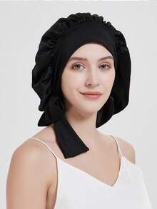 1件装女士春夏仿丝双层弹力缎带睡帽，高品质缎面蝴蝶结宽檐头巾帽，美容护发，双面可用，直径36厘米 - 彩色 - 查看 3