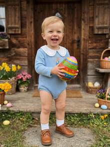 Newborn Baby Girl Boy Easter Outfit Bunny  Bubble Romper Cute Rabbit Embroidery Doll Collar Long Sleeve Bodysuit Spring Fall Winter Clothes - Màu xanh lam - Xem 4