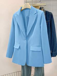 Women's Solid Color Notched Collar Blazer Jacket, Button Front Pocket Design, Long Sleeve Office Wear, Versatile For Business And Casual, Suitable For Autumn, Winter And Spring - Blue - View 4