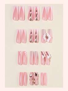 Y2K Floral Acrylic Nails 24Pcs Long Square Press On Nails, DIY Art Pink Fake Nails Set 3D, Decorated With Bows/Diamonds/Flowers, Suitable For Nail Salons, Girls And Women, Nail Supplies For Daily Wear And Holiday Party Decorative Gifts - Multicolor - View 2