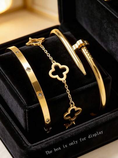 3pcs Classic Elegant 4-Leaf Clover & Crystal Decorated Stainless Steel Chain Bracelet Set, Hollow Floral Jewelry, Suitable For Women's Daily, Festival, Valentine's Day, Family Wear, High-Quality Gift Jewelry