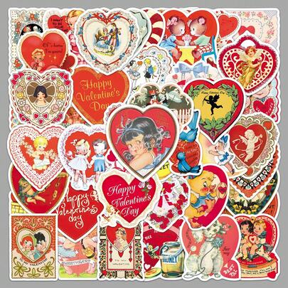 50张复古情人节涂鸦贴纸，维多利亚风格美式心形防水贴纸，适合作为复活节和情人节礼物