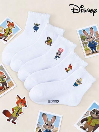 Disney 1/5 Pairs Anime Collaboration, Judy, Nick, Flash, Chief Bogo, Assistant Mayor Bellwether Kids' Mid-Calf Socks Set, Bubble Socks, Lace Trim Socks, White Socks, Kids' Short Socks, Boys', Girls', Week Socks, With Cool Cartoon Patterns