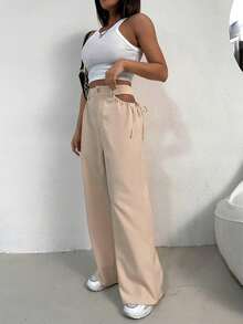 SUNSTORY Women's Commuting Elegant Vacation Side Waist Hollow Drawstring Straight Pants - Khaki - View 3