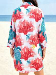 Plus Size Long Sleeve Button Front Long Shirt, Decorated With Sea Turtle And Coral Prints, Regular Hem Vacation - Coral Pink - View 4